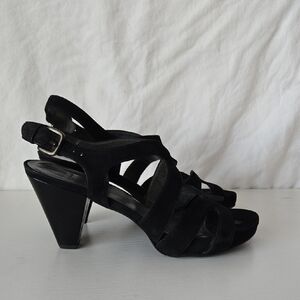Stuart Weitzman Axis Elegant Black Suede Leather Strappy Heeled Sandals Size 9